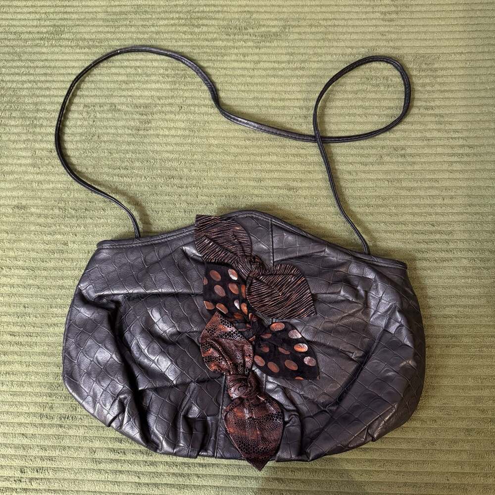 J&E Bags Vintage Black Croc Embossed Crossbody Bag Patchwork Bow Y2K